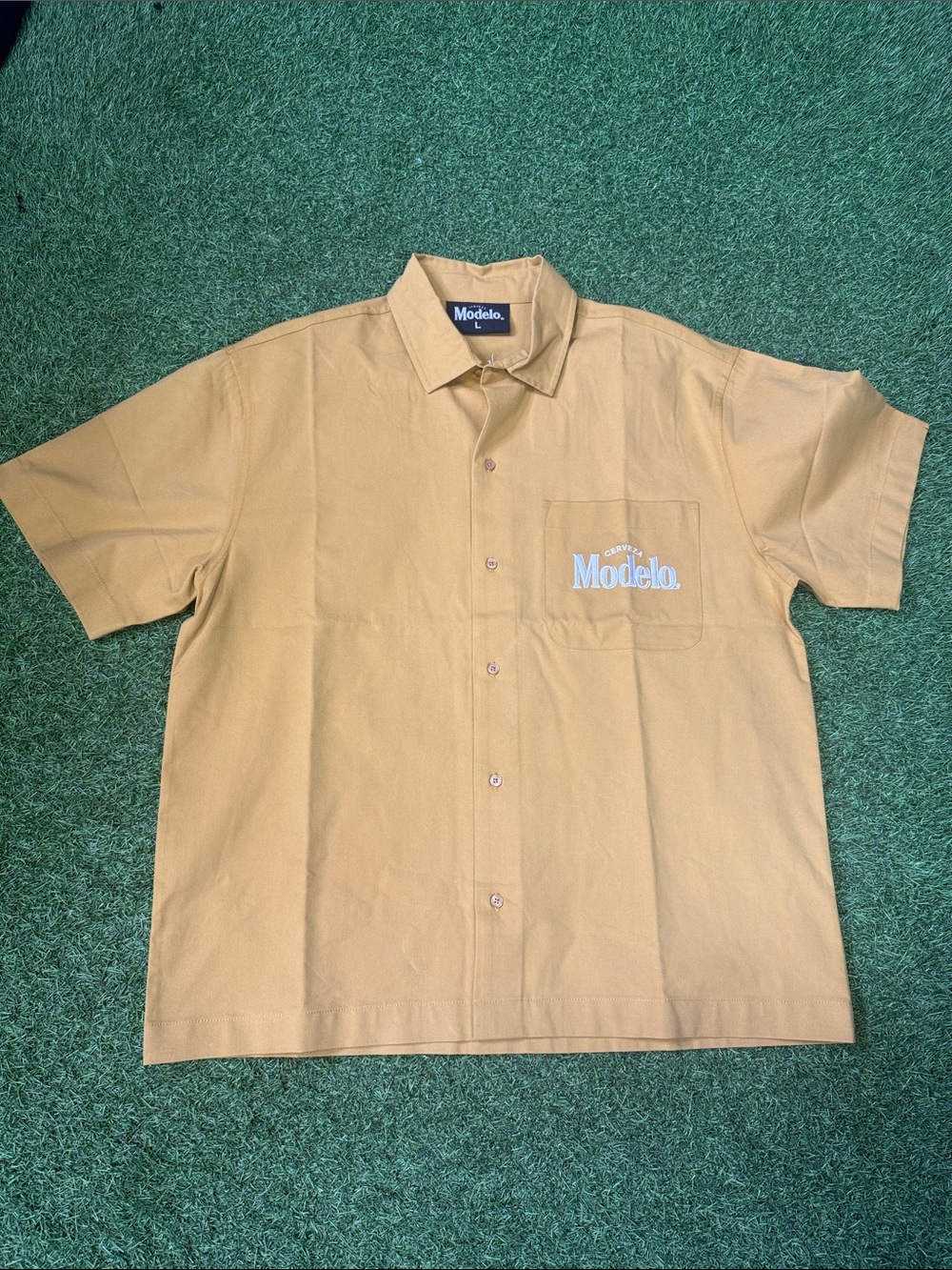 ModelCo Men's Short-Sleeve Button-Up Shirt in Tan with White Logo